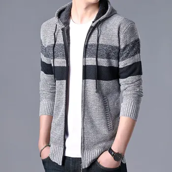2020 Nye Ankomst Efterår og Vinter Mænd er Slank Sweater Hooded Plus Velvet Tykkere Strikket Frakke Syning Mænd Cardigan Sweater