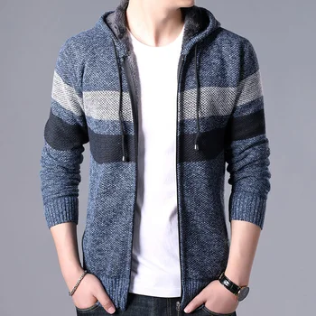 2020 Nye Ankomst Efterår og Vinter Mænd er Slank Sweater Hooded Plus Velvet Tykkere Strikket Frakke Syning Mænd Cardigan Sweater