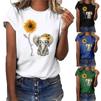 2020 Nye Elefant solsikke print skjorte kvinder casual korte ærmer o-neck tee toppe til kvinder tegnefilm søde t-shirts femme tøj