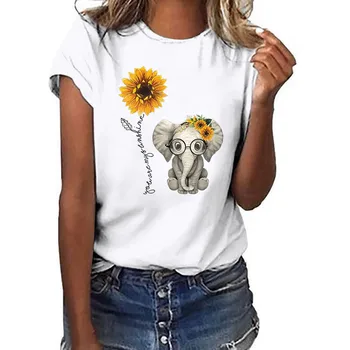 2020 Nye Elefant solsikke print skjorte kvinder casual korte ærmer o-neck tee toppe til kvinder tegnefilm søde t-shirts femme tøj