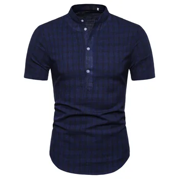 2020 sommeren nye mænds kortærmet skjorte stå krave Europæiske kode casual mode semi-cardigan afdækning mørke grid mandlige bluse