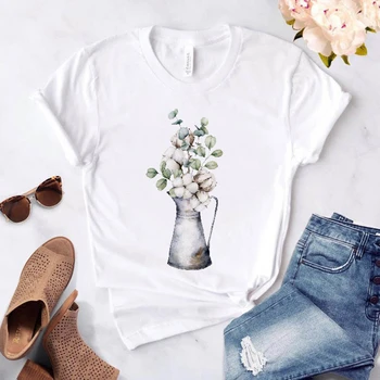 2021 90'erne Blomster Akvarel Tendens Style Sommer kortærmet Kvinder, Modetøj Print Tshirt Kvindelige Tee Top Grafisk T-shirt