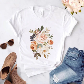 2021 90'erne Blomster Akvarel Tendens Style Sommer kortærmet Kvinder, Modetøj Print Tshirt Kvindelige Tee Top Grafisk T-shirt