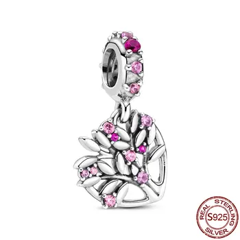 2021 925 Sterling SØLV Charms Pink Hjerte stamtræ Dingle Charms Perler passer Oprindelige Pandora Armbånd sølv smykker