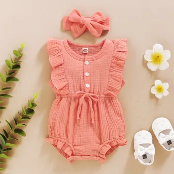 2021 Baby Sommer Tøj Nyfødte Spædbarn Baby Pige Tøj Solid Sløjfeknude Romper Jumpsuit Heldragt, Pandebånd 2stk Outfit Sat til 0-36M