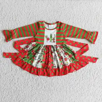 2021 Efterår og Vinter Girl ' s Christmas Style Lange Ærmer Polka-dot Røde Kludetæppe Kjole Kids Tøj