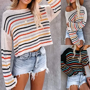 2021 efteråret farverige stribet sweater kvinder mode til kvinder er en-vejs hals stropløs trøje