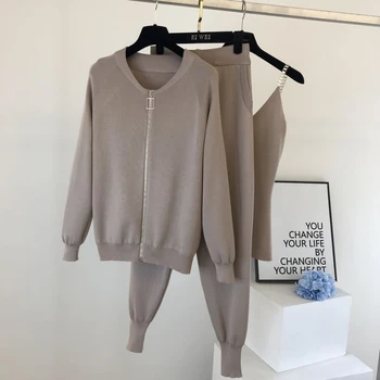 2021 Efteråret Kvinder Mode Strikket Sweater Passer Solid Strikket Jakke Kæde Afgrøde Top vest og Elastisk Blyant Bukser Tre-delt Sæt