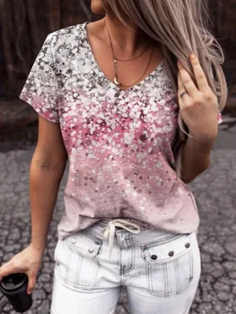 2021 Europæiske Amerikanske Sommeren Kvinder Kausale Gradvis Digital Print med V-hals kortærmet T-shirt Fritid Tøj Plus Størrelse S-5XL