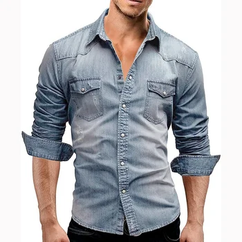 2021 Foråret Efteråret Europæiske Amerikanske Mænd er Dobbelt Lomme Mænds Afslappet langærmet Denim Skjorte Camisas Para Hombre