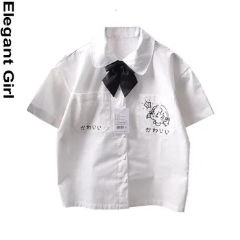 2021 Foråret Harajuku College Vind Søde Bløde Pige Bow Tie Ensartet Hvid Tegnefilm Printet Skjorte Pige Langærmet Løs Studerende