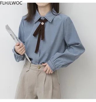 2021 Foråret Kvinder Chic Cute Bow TIe Toppe Preppy Stil Vintage Japanske Korea Design-Knappen Elegante Formelle, Skjorter Bluser