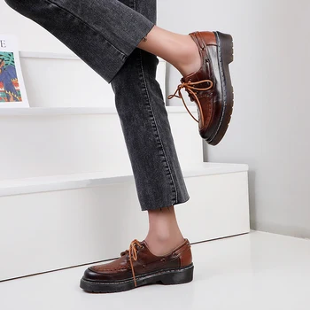 2021 foråret kvinders Oxford Sko PU læder snøre casual sko tykke såler syning arbejde sko brun sort flade sko