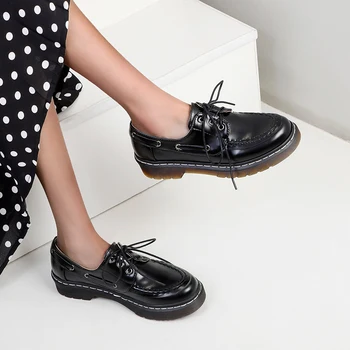 2021 foråret kvinders Oxford Sko PU læder snøre casual sko tykke såler syning arbejde sko brun sort flade sko