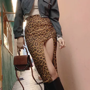 2021 Foråret y2k Ny Nederdel Leopard Udskrive Fashion Uregelmæssige Split Høj Talje Gotisk Tøj Balde Nederdel Medium Længde Nederdel