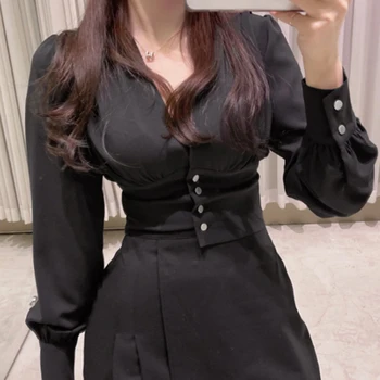 2021 koreansk Kvinde Slim Fit Slank Talje Short Sexy Deep V-hals Alle-match-langærmet Chiffon Skjorte Dame Toppe Knap Op-Shirt