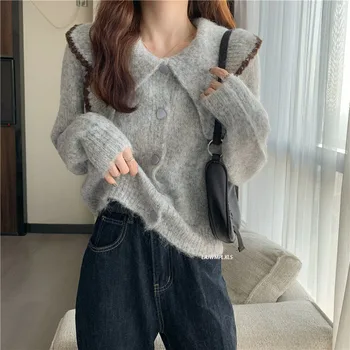 2021 Koreanske Blød Kvinder Knited Cardigan Fashion Solid Enkelt Breasted Trøjer Nye Efterår Forår Kontor Dame Smarte Crop Tops
