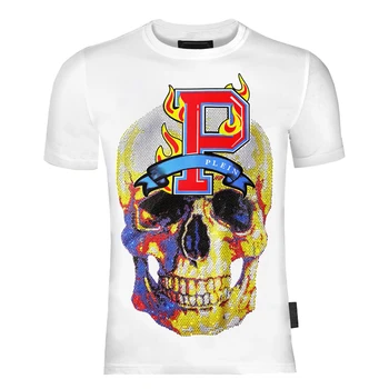 2021 kort ærme t-shirt, mænds skull hoved farve diamant indlagt PP Milano Fashion ren bomuld sommeren plein rund hals top nyheder