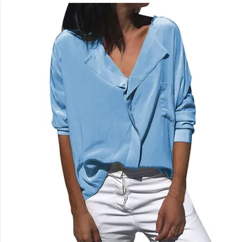 2021 Kvinder Blouse Top Turn Down Krave Ensfarvet Langærmet Løs Casual Mode Shirts Officie Damer Forår, Efterår Shirt