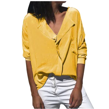 2021 Kvinder Blouse Top Turn Down Krave Ensfarvet Langærmet Løs Casual Mode Shirts Officie Damer Forår, Efterår Shirt