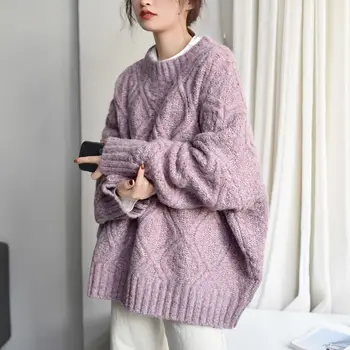 2021 Kvinder Efterår Og Vinter Twist Sweater Frakke Jakke Er Vintage Runde Krave Løs Strikket Pullover Jumpere