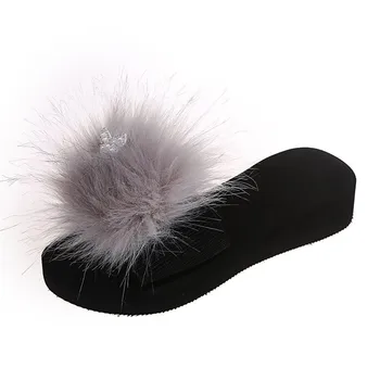 2021 Kvinder Furry Tøfler Sko Søde Plys Fox Hair Bløde Sandaler Kvindelige Pels Slipper Plus Size Sommeren Trendy Sko Shoes