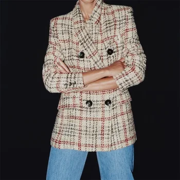 2021 Kvinder Mode Dobbelt Breasted Tweed Ind Blazere Vintage Pels Lange Ærmer, Lommer Kvindelige Overtøj Streetwear