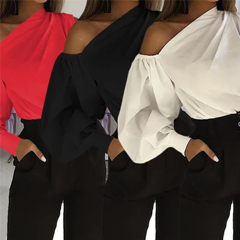 2021 Kvinder Mode Langærmet Shirts Kolde Skulder Bluser Casual Løs Toppe Damer Elegante Arbejde Blusas
