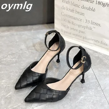 2021 kvinder Stiletto høje hæle Pegede pu kvinders sandaler med spænde sort plaid fashion hule sandaler med høj hæl til kvinder sko