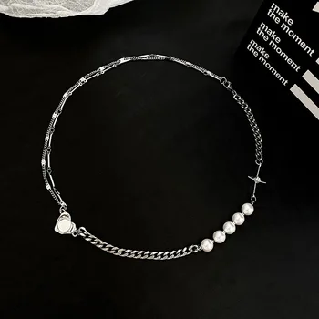 2021 Mode Efterligning Pearl Cross Choker Halskæde til Kvinder Sølv Farve Rhinestone Srar Kæde Halskæde Krave