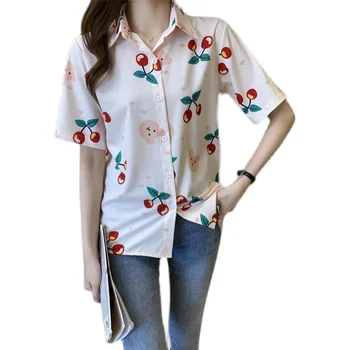 2021 Mode Kvinders Eegant Bluser Casual T-Shirt Kvinder Shirts Sommeren Korte Ærmer Kirsebær Top Print Kvindelige Tøj Damer Toppe
