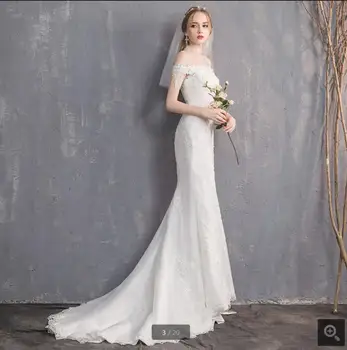2021 Nye Ankomst hvid tyl havfrue brudekjole, kniplinger applikationer off the shoulder kort ærme vintage bride kjoler corset