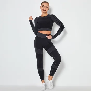 2021 Nye Camo Problemfri Yoga Sætter Kvinder Og Fitness Tøj Med Lange Ærmer Afgrøde Top Høj Talje Leggings Sport Passer Træning Sportstøj