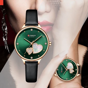 2021 Nye CURREN Kvinder Casual Fashion Læder Bælte 3DHeart Diamant Shell Skive Kvarts Ur Kjole Armbåndsure Reloj Mujer Damer