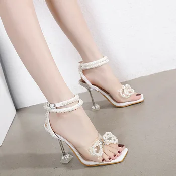 2021 nye gennemsigtige hæl perle diamant beaded bow tie sandaler 9759-6