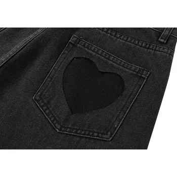 2021 Nye Kvinder Brede Ben Jeans, Trendy Høj Talje Gradient Print Hjertet Patchwork Denim Bukser