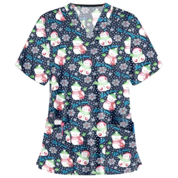 2021 nye Kvinder Jul udskrivning Sygepleje Scrubs Toppe Casual kortærmet Kvinder Scrubs Uniformer Sygeplejerske uniform Pocket T-shirt
