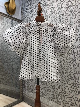 2021 nye kvinder mode rund hals polka dot print mønster lanterne puff ærmer alle-match bluse 702