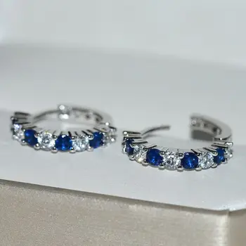 2021 nye mode damer smykker øreringe af 925 sterling sølv hoop øreringe blå safirer og hvide rhinestones