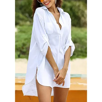 2021 nye mode kvinders dyb V-hals solid farve strand ferie casual skjorte