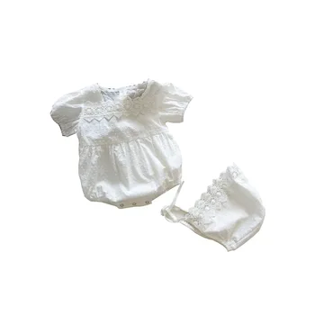 2021 Nye Nyfødte Baby Pige Korte Ærmer Solid Romper Baby Jumpsuit Tøj Barn med Lotis Blad Krave Og Hår Hat Prinsesse