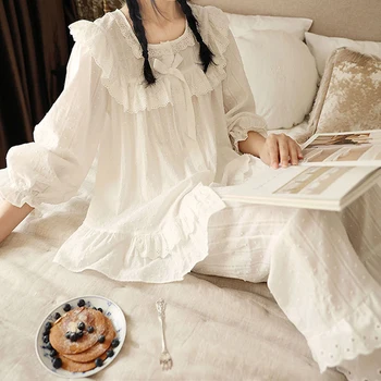 2021 Nye S til XL Forår og Efterår Korea Bomuld Palace Pyjamas Sæt Kvinder Prinsesse Style Søde Homewear Sæt Sød Hvid