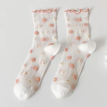 2021 Nye Sommer Gennemsigtig Kvinder Sokker Femme Casual Print Blomst Søde Søde Midterste Rør Sokker Korea Stil Tynde Åndbart Sokker