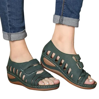 2021 Nye Sommer Nye Mode Kvinder Sandaler Blødt Læder Wedges Sko Casual Sko Kvindelige Hæle Sandaler Kile Sandaler Kvinder