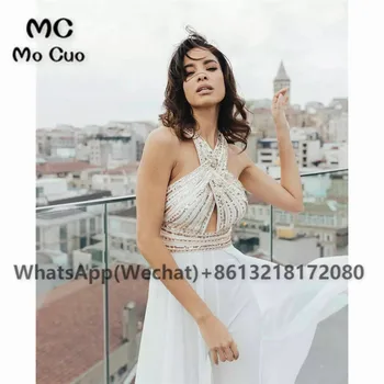 2021 Romantisk Buksedragt Halterneck Kjoler til Bryllup Lange Ryg-Sequined Offentlig Strand Boho vestido de Afrikanske Brude Kjoler