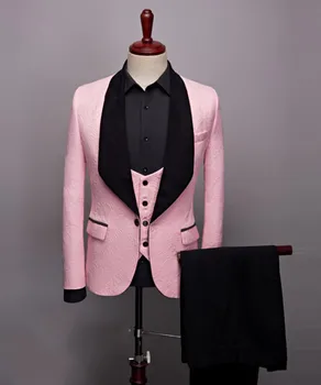 2021 Seneste Pels Bukser Designs Mænd Pink Jakkesæt Til Bryllup, Prom Kjole Slim Fit Gommen Bedste Mand, Herre Tuxedo 3 Stykker Kostume Til Mænd