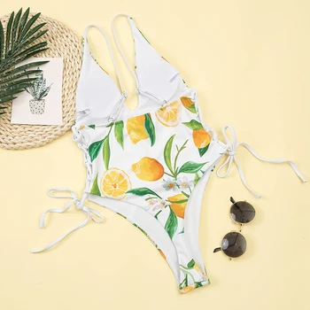 2021 Sexet Citron Snøret Op String Side Kvinders Ét Stykke Badetøj V Hals Push Up Bikini Bodysuit High Cut g-streng Monokini Badetøj