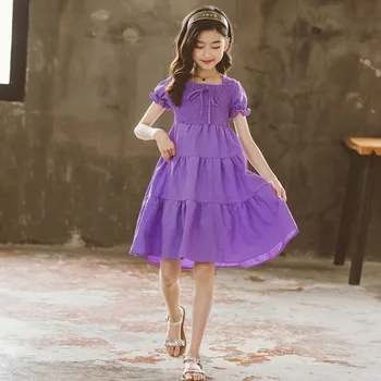2021 Sommer, Børn, Tøj, Mode Koreanske Elegante Lilla Ternet Kjole Shoulderless Kjole Børn Puff Ærmer Prinsesse Kjoler