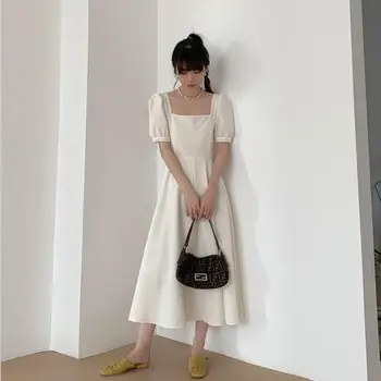 2021 sommer med lang hvid kjole kvinders franske mindretal retro-pladsen collar vis tynd temperament lang nederdel