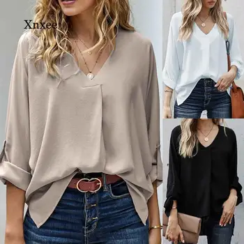 2021 Sommer Plus Size V-Hals Solid Bluser med Lange Ærmer Office-Shirts til Kvinder Mode Spænde Shirt Løs Casual Tøj Top